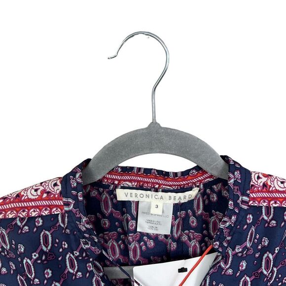 Veronica Beard Silk‎ Dress VNeck Cap Sleeve Ruffled Hem Purple Geo Print Women 3 - Picture 3 of 6